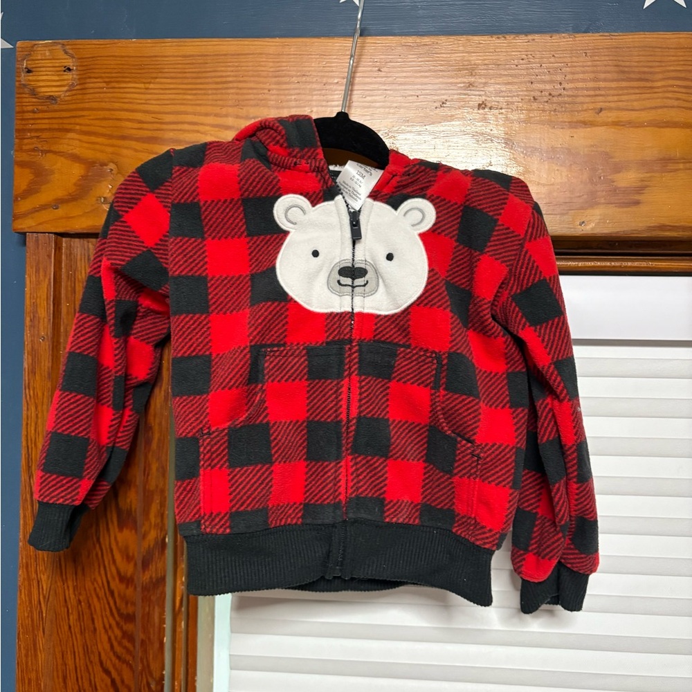 Red and Black Checkered Kids Hoodie with Bear Design fleece Sherpa 12m